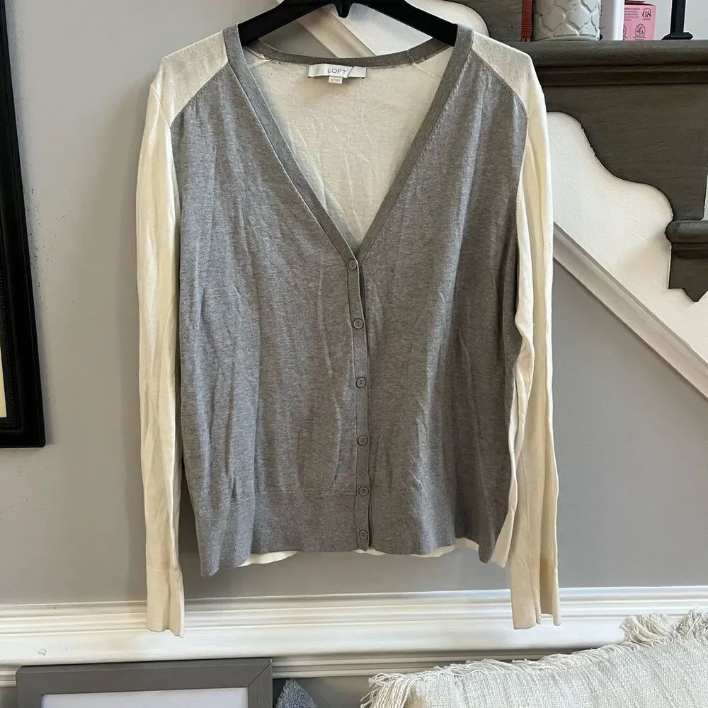 Loft Gray & Cream Lightweight Cotton Cardigan Sweater sz XL